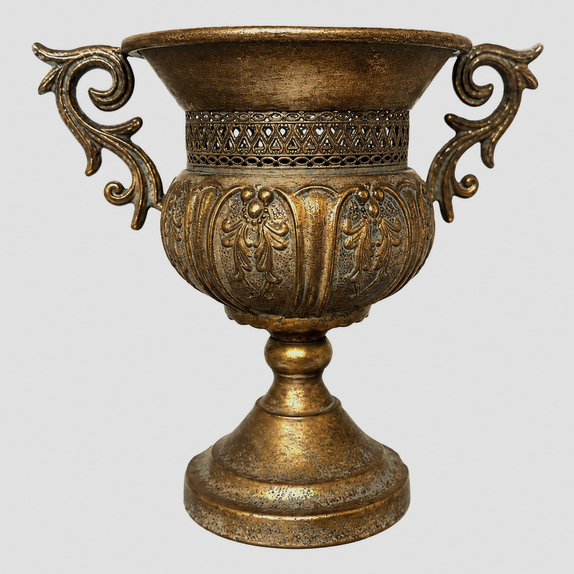 Distressed Pedestal Urn Planter with Ornate Scroll Handles | | Wiccan Center