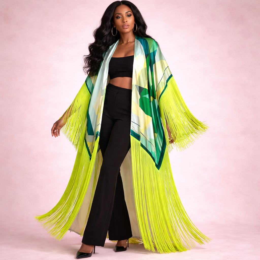 Neon Tropical Oasis Tasseled Kimono