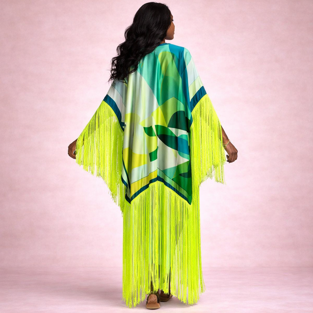 Neon Tropical Oasis Tasseled Kimono