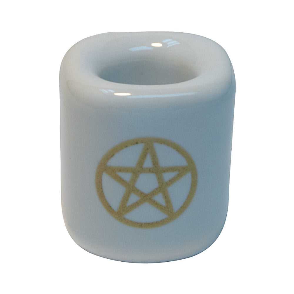 Ceramic Chime Candle Holder - White w/ Gold Pentacle | Candle Holder | Wiccan Center