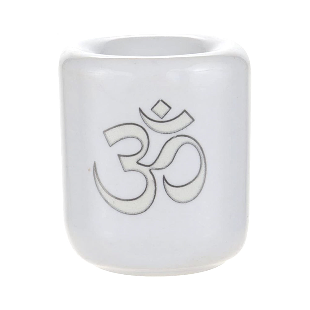 Ceramic Chime Candle Holder - White w/ Silver Om | Candle Holder | Wiccan Center