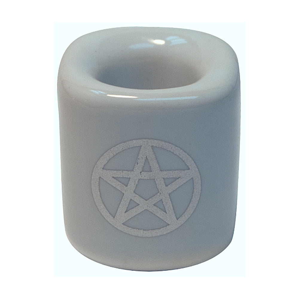 Ceramic Chime Candle Holder - White w/ Silver Pentacle | Candle Holder | Wiccan Center