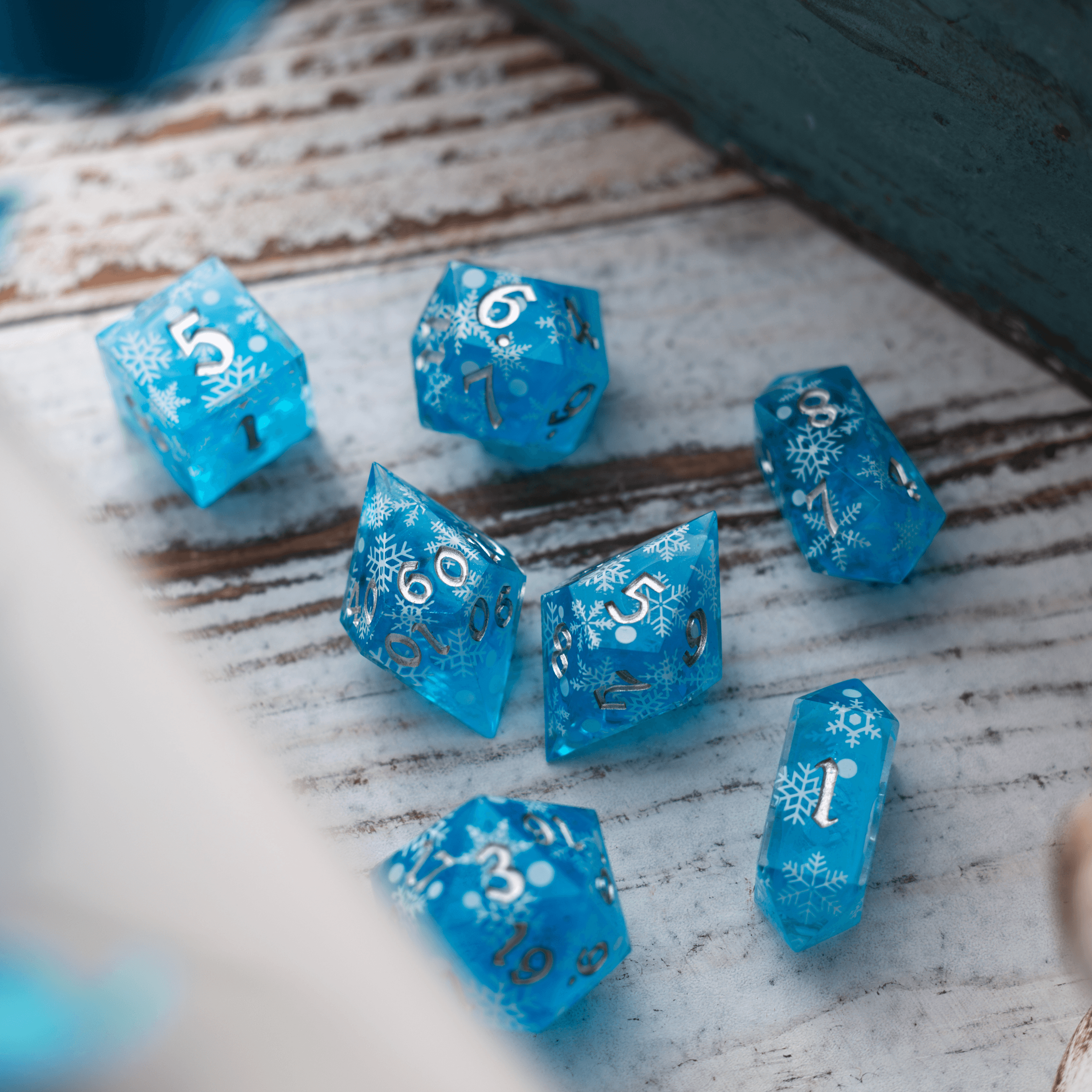 Christmas Blue Snowflake Handmade Resin DND Dice Set | Resin Dice | Wiccan Center