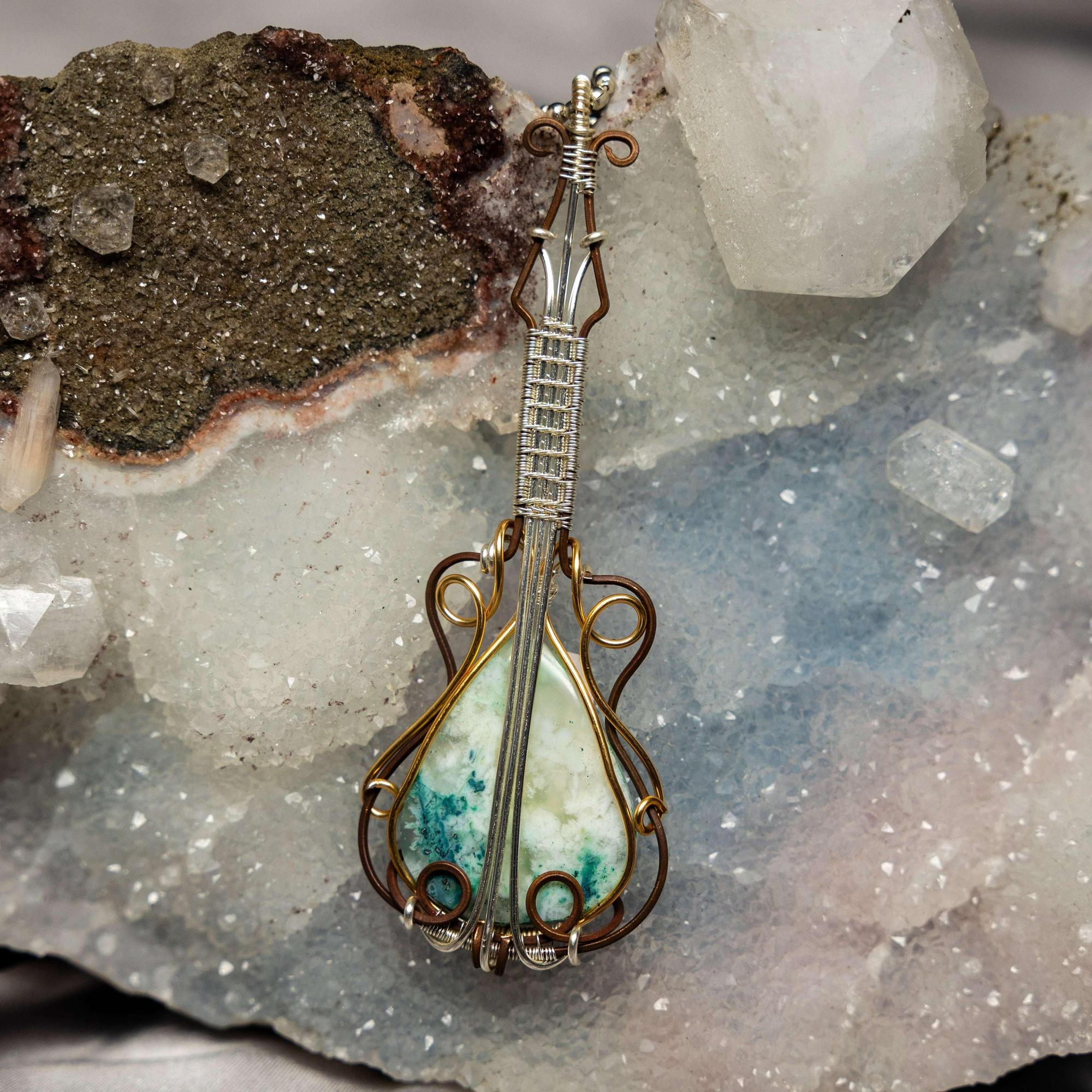Chrysocolla Quartz Guitar Wire Wrap Pendant