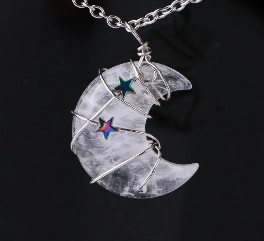Crystal Crescent Moon and Star Silver Necklace | necklace | Wiccan Center