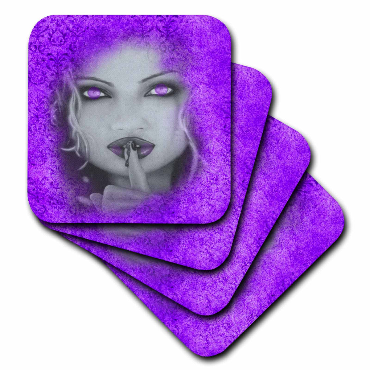 3dRose Spiritual Awakenings Fantasy - Purple Tapestry Background and Portrait of a Beautiful Gothic Style Lady with Purple Eyes and Lips - Coasters (CST_128818)