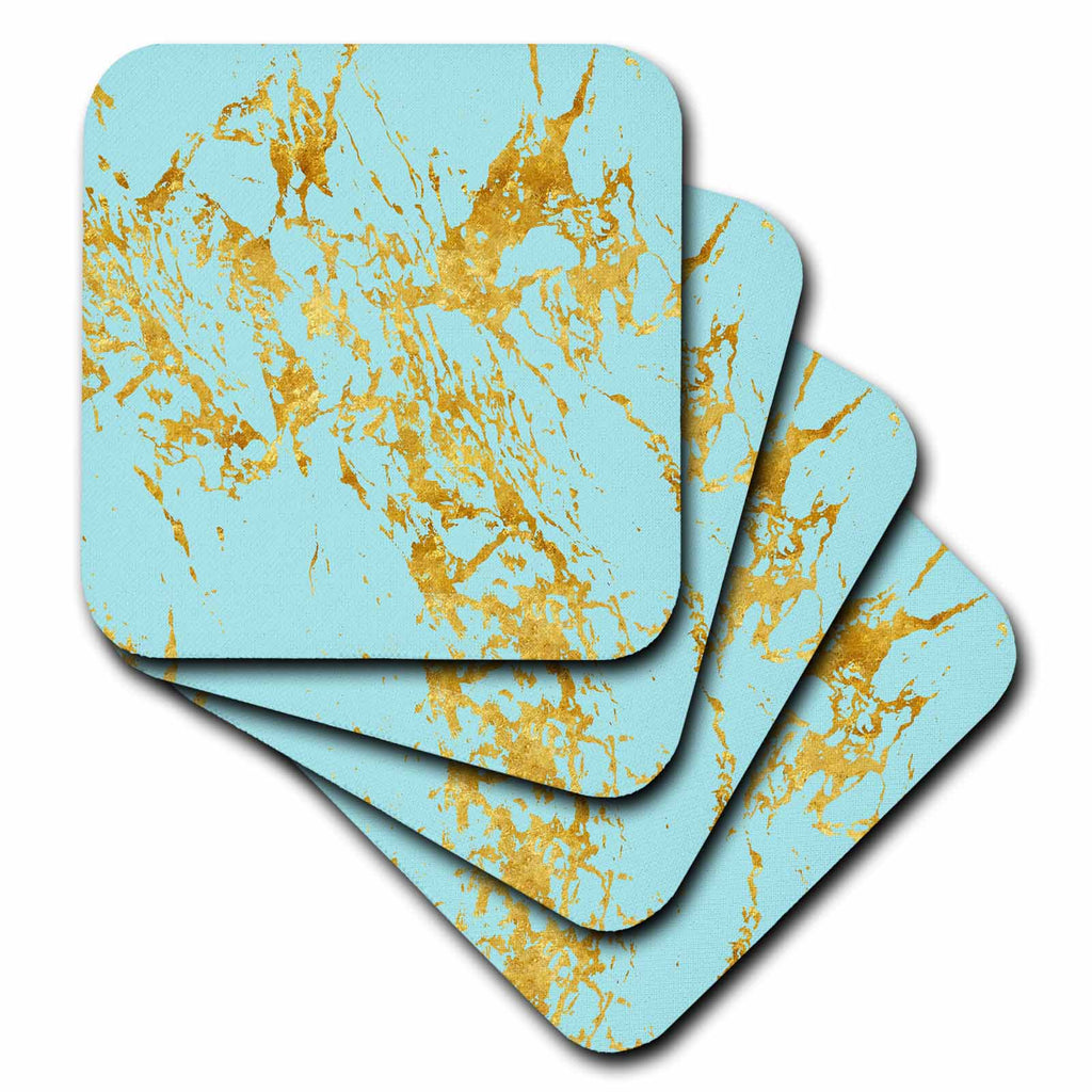 3dRose Uta Naumann Faux Glitter Pattern - Art Print of Chic Trendy Gold Glitter Veins on Teal Marble Agate Quartz - Coasters