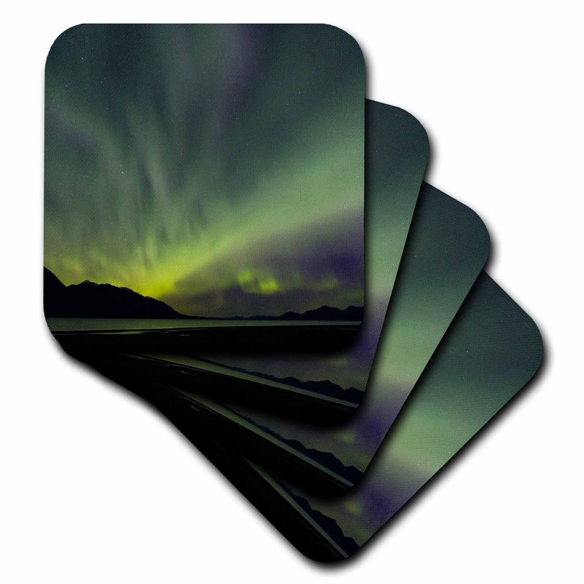 3dRose Danita Delimont - Northern Lights - Canada, Yukon, Kluane Lake. Aurora Borealis and Lake. - Coasters