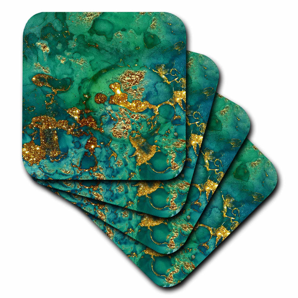 3dRose Uta Naumann Faux Glitter Pattern - Image of Chic Trendy Green and Gold Marble Agate Gemstone Quartz - Coasters (CST_319642)