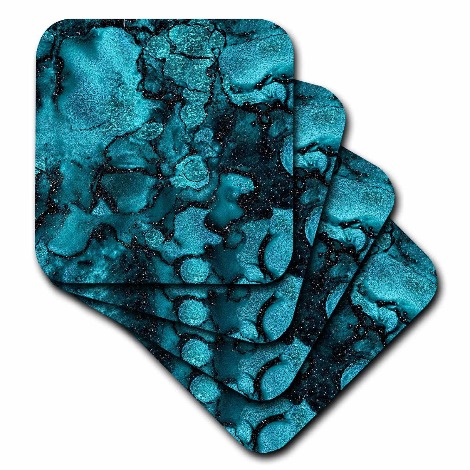 3dRose Uta Naumann Faux Glitter Pattern - Image of Chic Trendy Teal and Black Marble Agate Gemstone Quartz - Coasters (CST_319643)