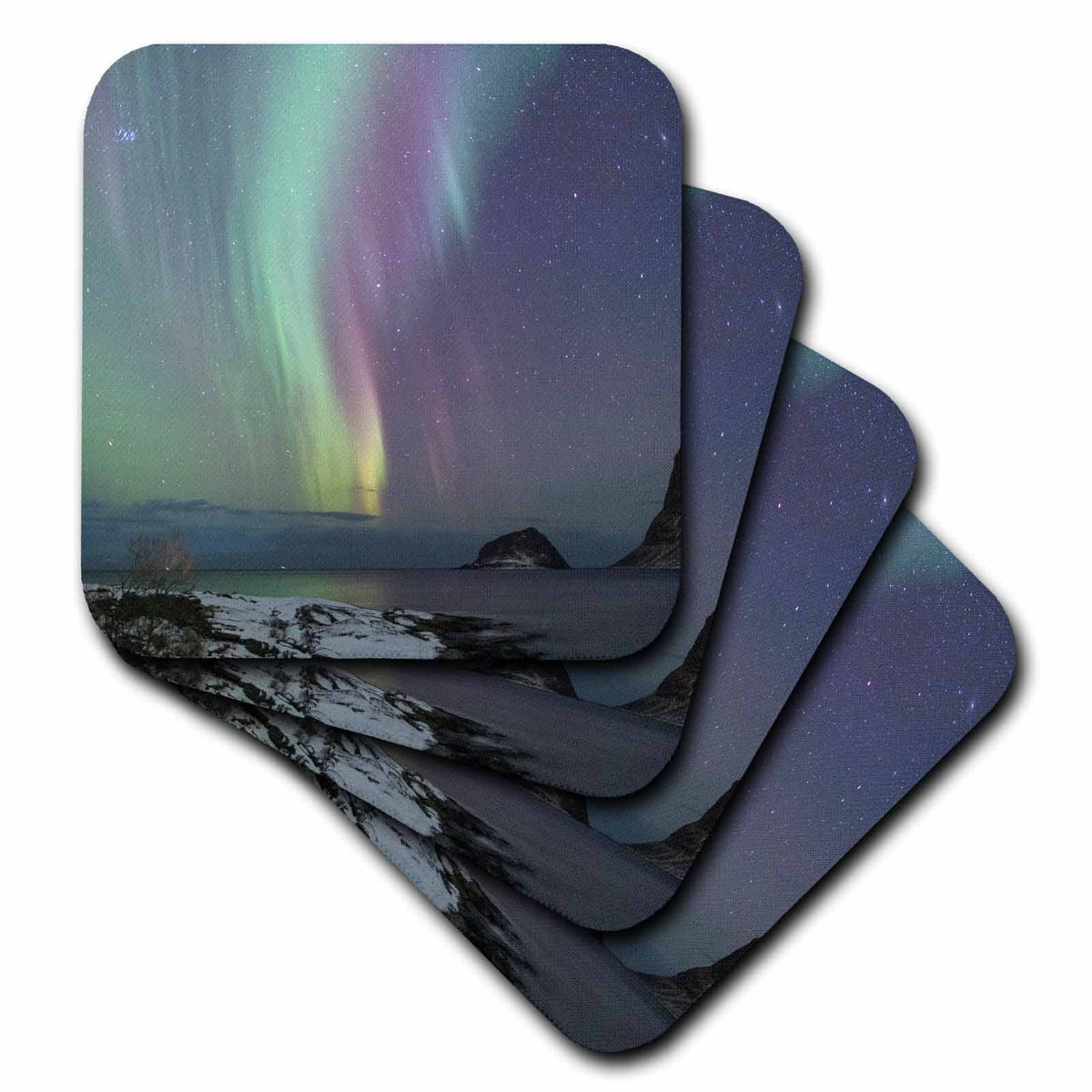 3dRose Norway, Lofoten Islands, Vestvag Island, Leknes. Aurora Borealis. - Coasters (CST_330397)