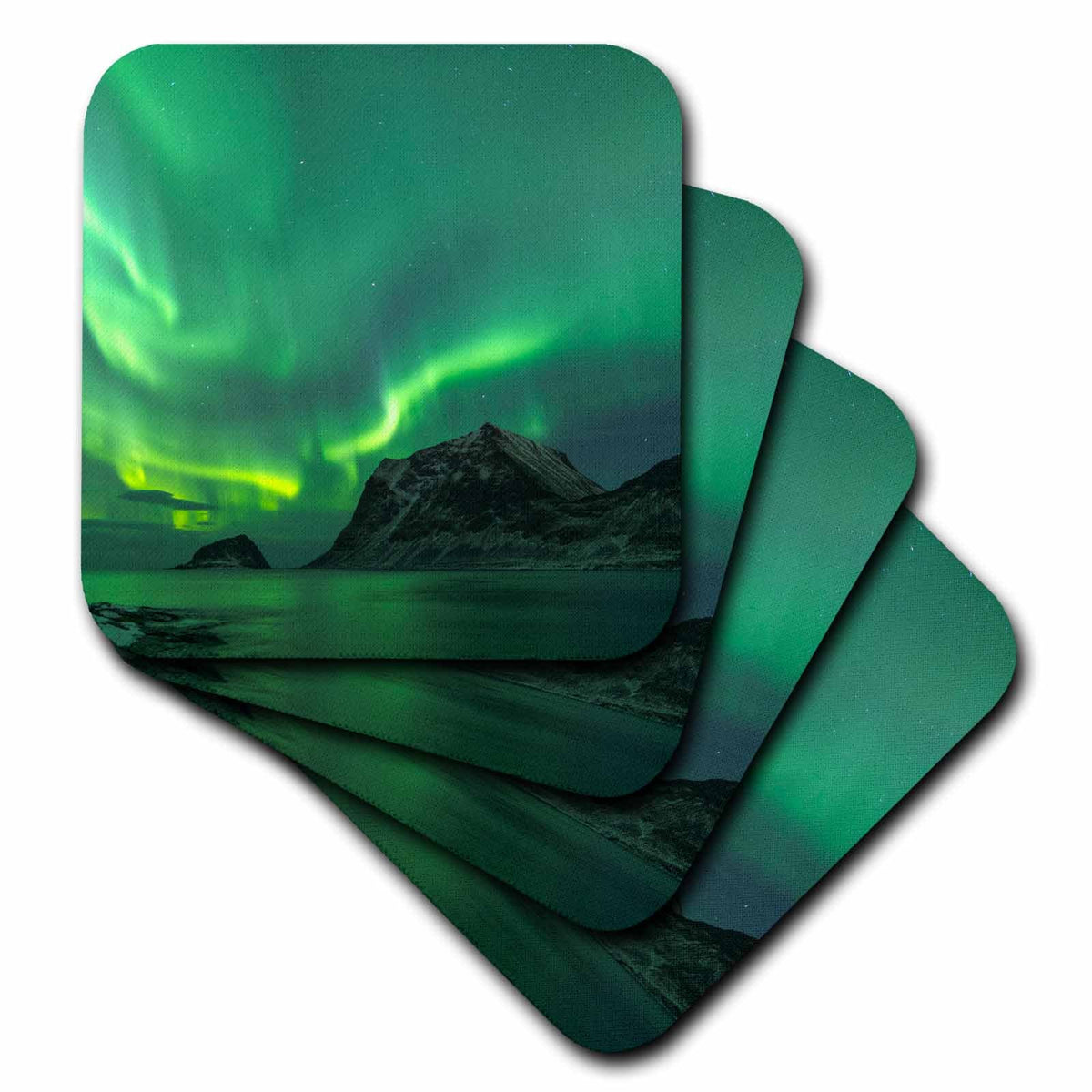 3dRose Norway, Lofoten Islands, Vestvag Island, Leknes. Aurora borealis - Coasters (cst_330398)