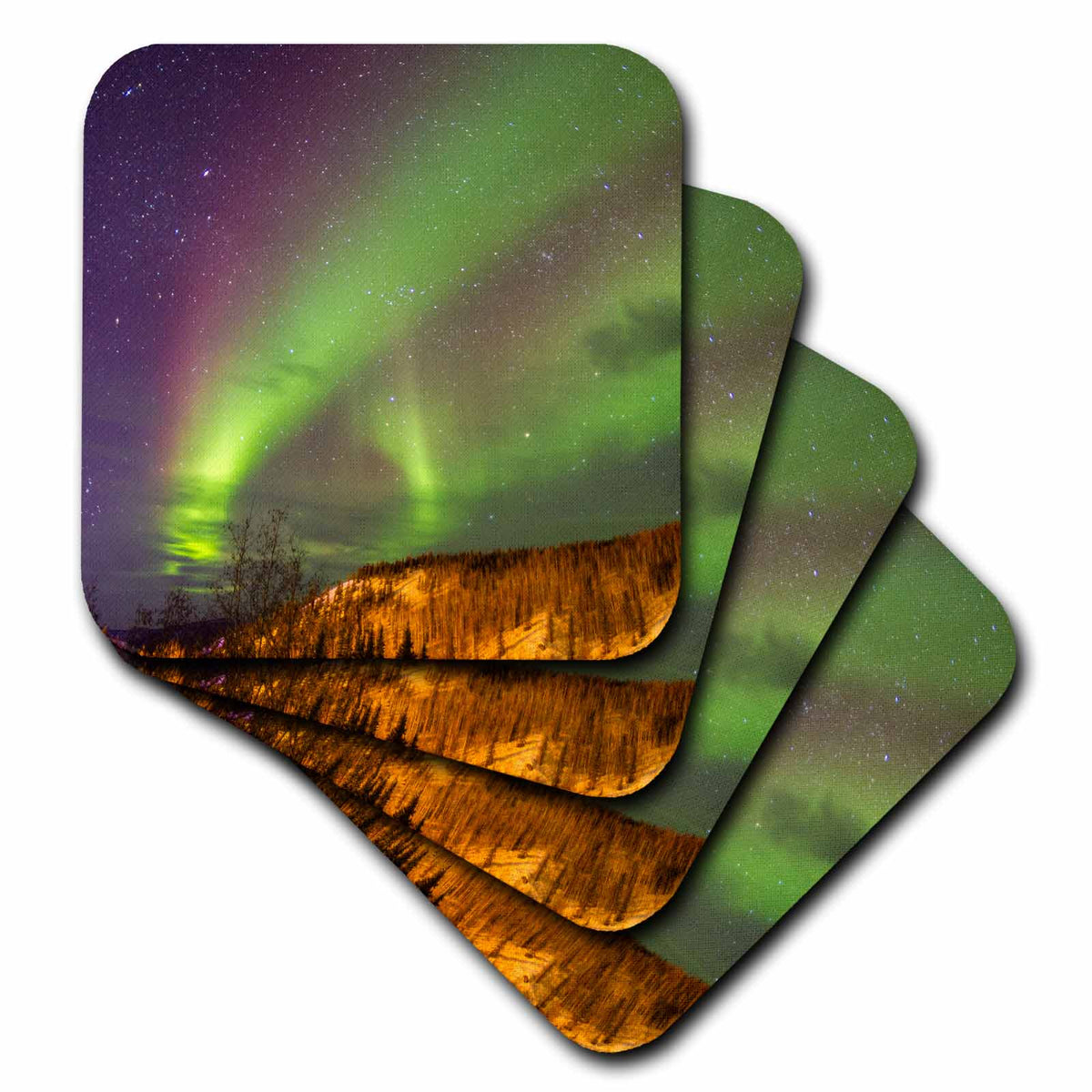 3dRose USA, Alaska, Fairbanks. Aurora borealis over mountain landscape - Coasters (cst_345808)