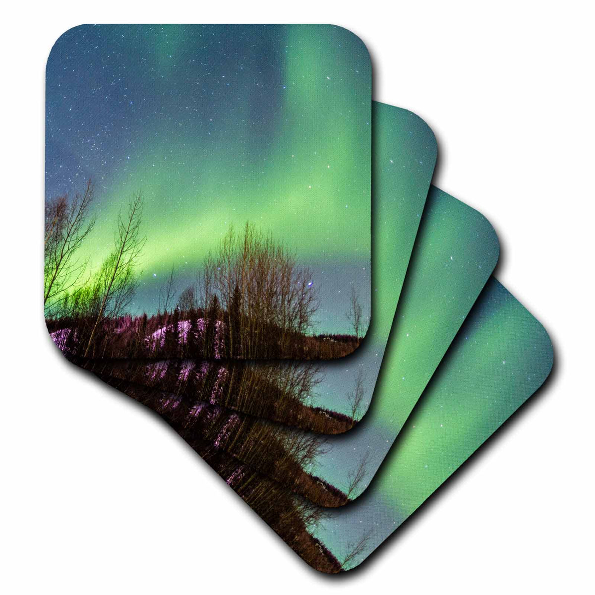 3dRose USA, Alaska, Fairbanks. Aurora borealis over mountain landscape. - Coasters (cst_345810)