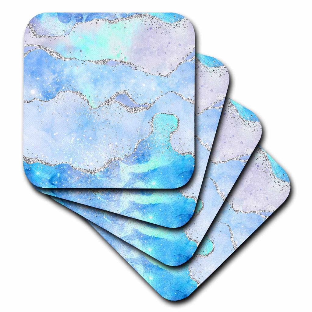 3dRose Glam Light Blue and Image of Silver Glitter Agate Pattern - Coasters (CST_352799)