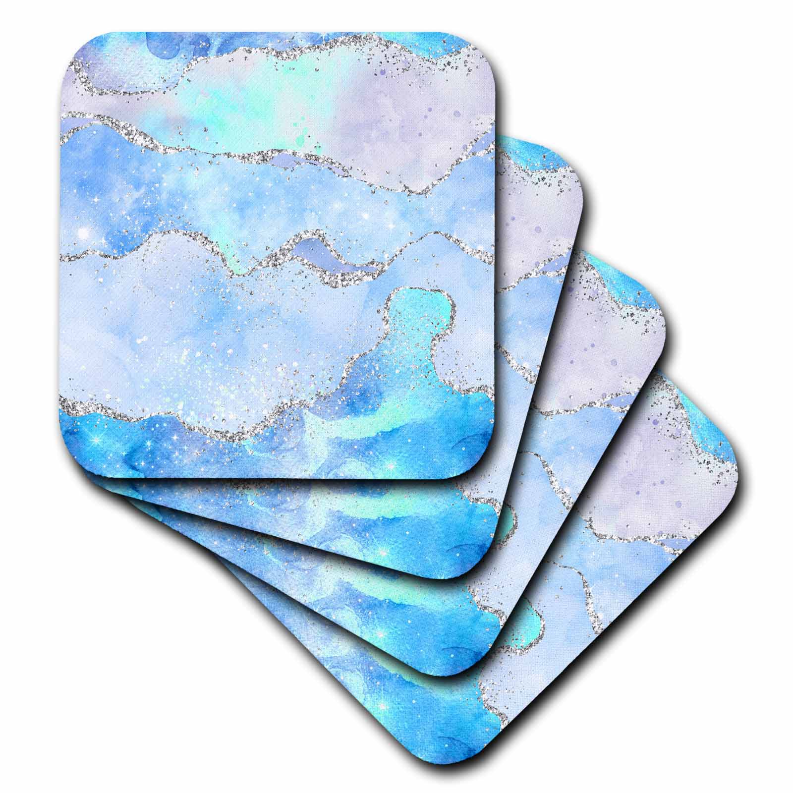 3dRose Glam Light Blue and Image of Silver Glitter Agate Pattern - Coasters (CST_352799)