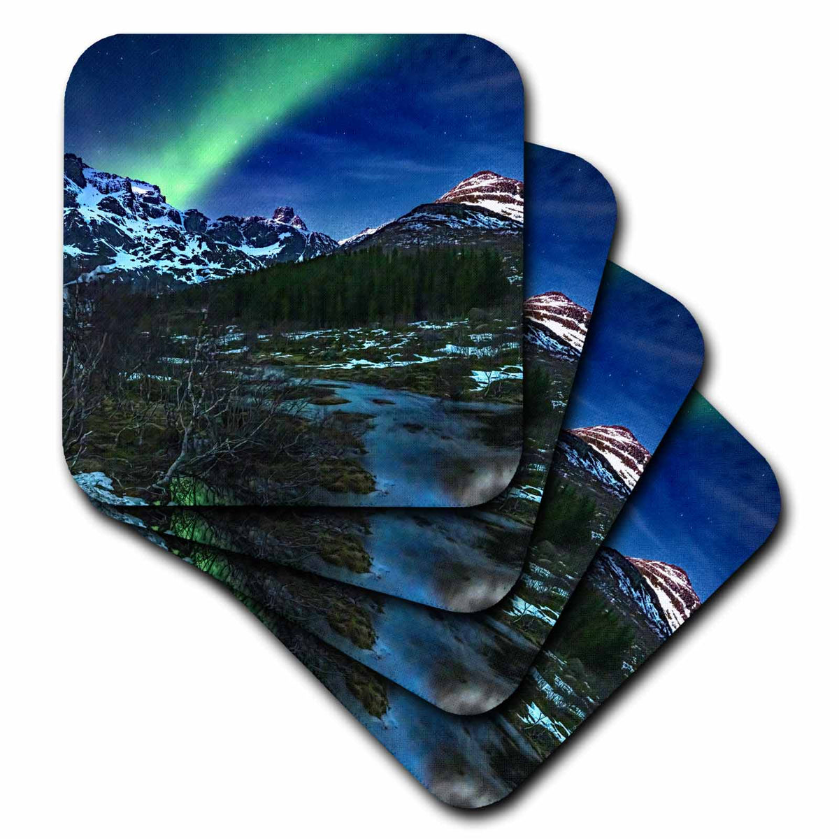 3dRose Norway, Lofoten Islands. Aurora Borealis Above The Road to Nusfjord - Coasters (cst-380444)