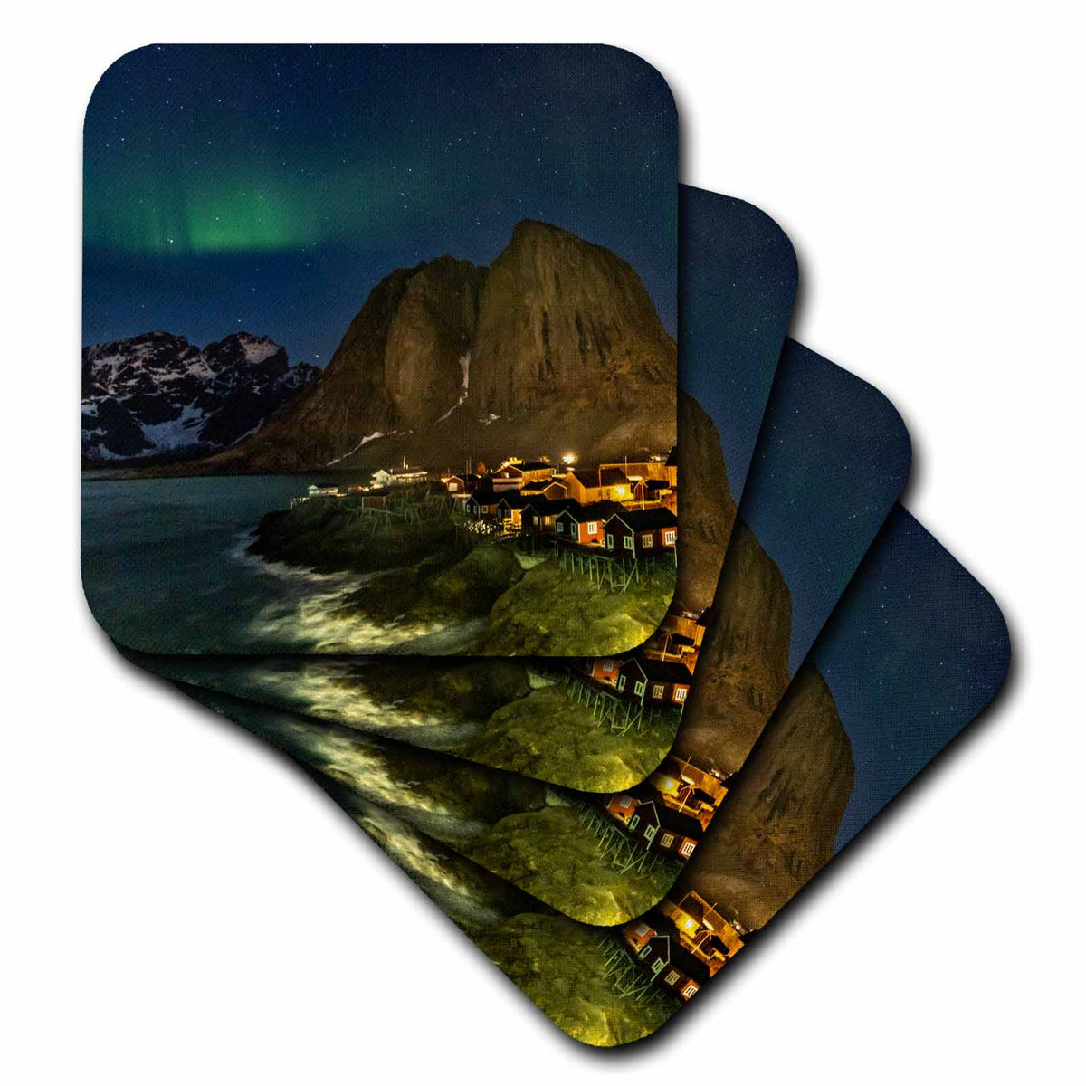3dRose Norway, Lofoten Islands. Aurora Borealis Above Hamnoy in Reine. - Coasters (cst-380445)
