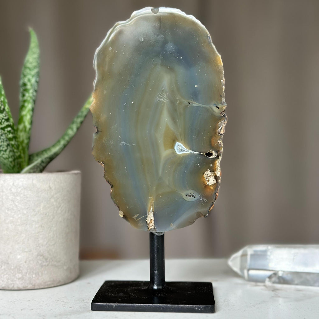Colorful Agate Crystal Piece with Metal Base, Stunning Decor Stone 100% natural, Uruguayan Geode | Stalactite Eye Display | Wiccan Center