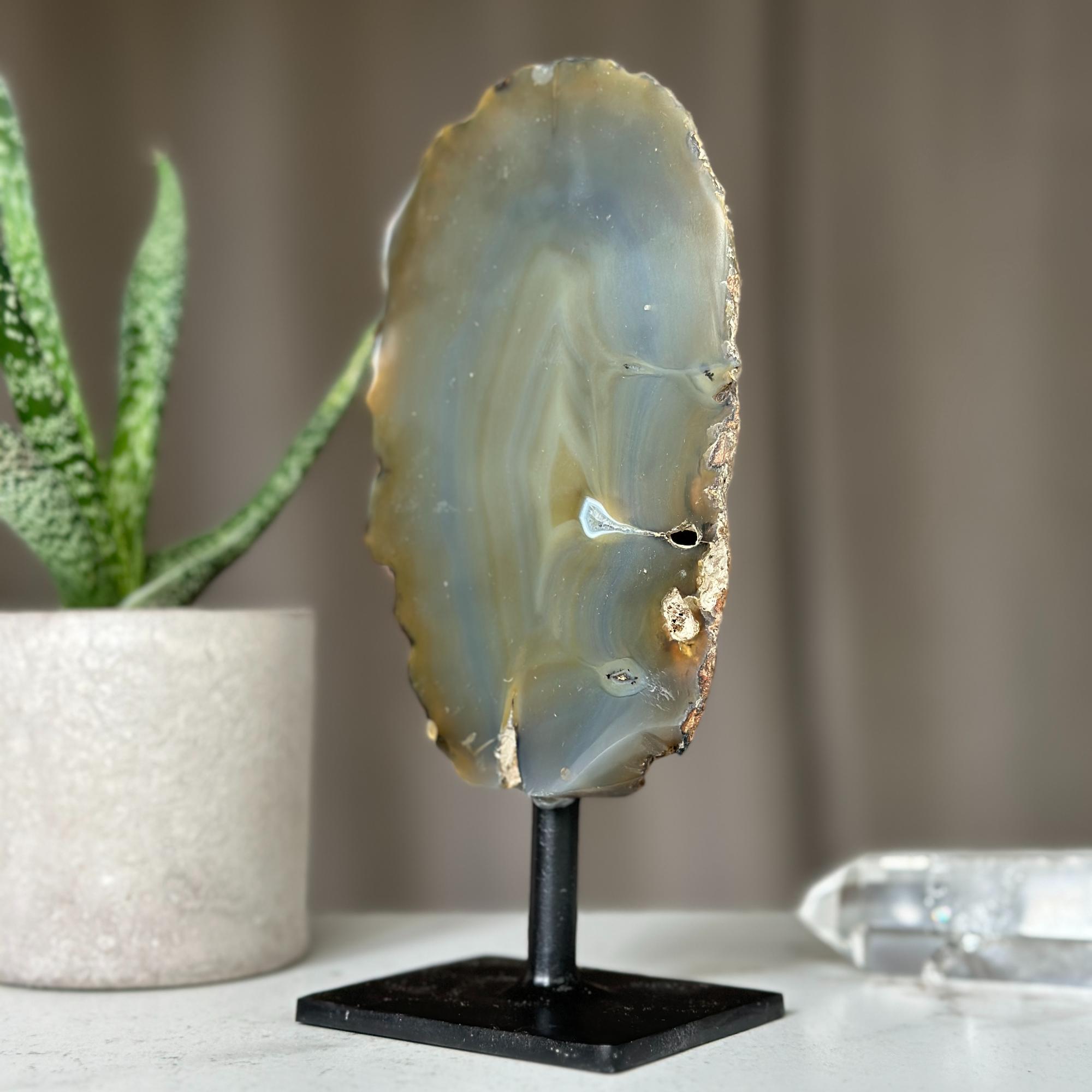 Colorful Agate Crystal Piece with Metal Base, Stunning Decor Stone 100% natural, Uruguayan Geode | Stalactite Eye Display | Wiccan Center