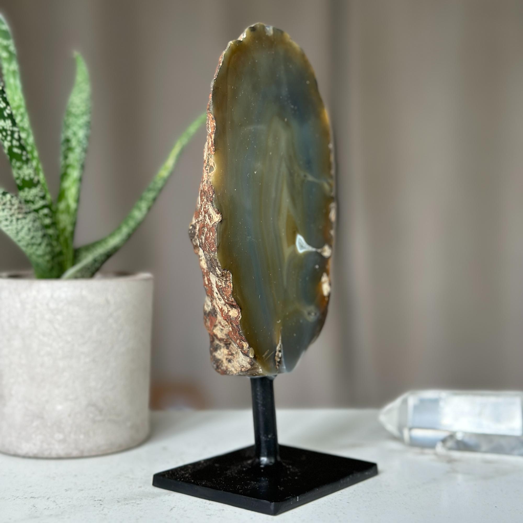 Colorful Agate Crystal Piece with Metal Base, Stunning Decor Stone 100% natural, Uruguayan Geode | Stalactite Eye Display | Wiccan Center