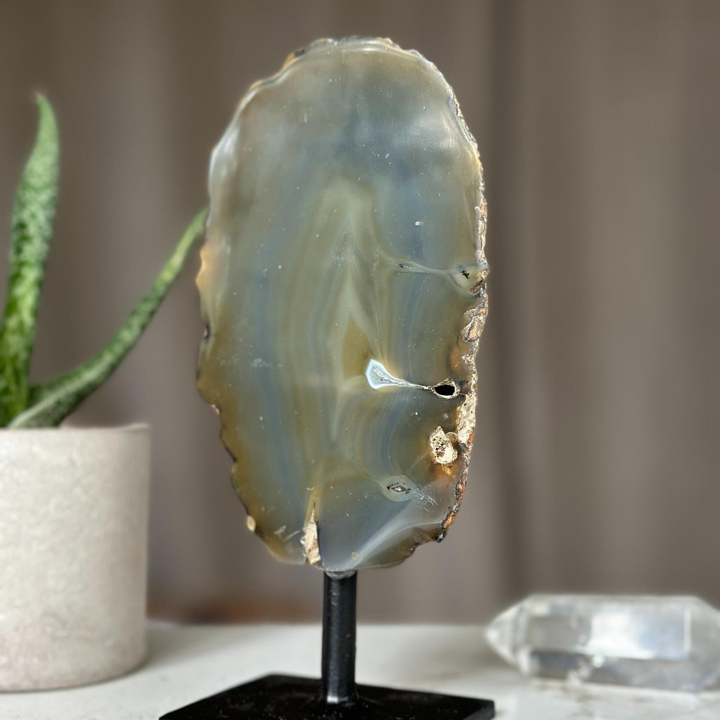 Colorful Agate Crystal Piece with Metal Base, Stunning Decor Stone 100% natural, Uruguayan Geode | Stalactite Eye Display | Wiccan Center