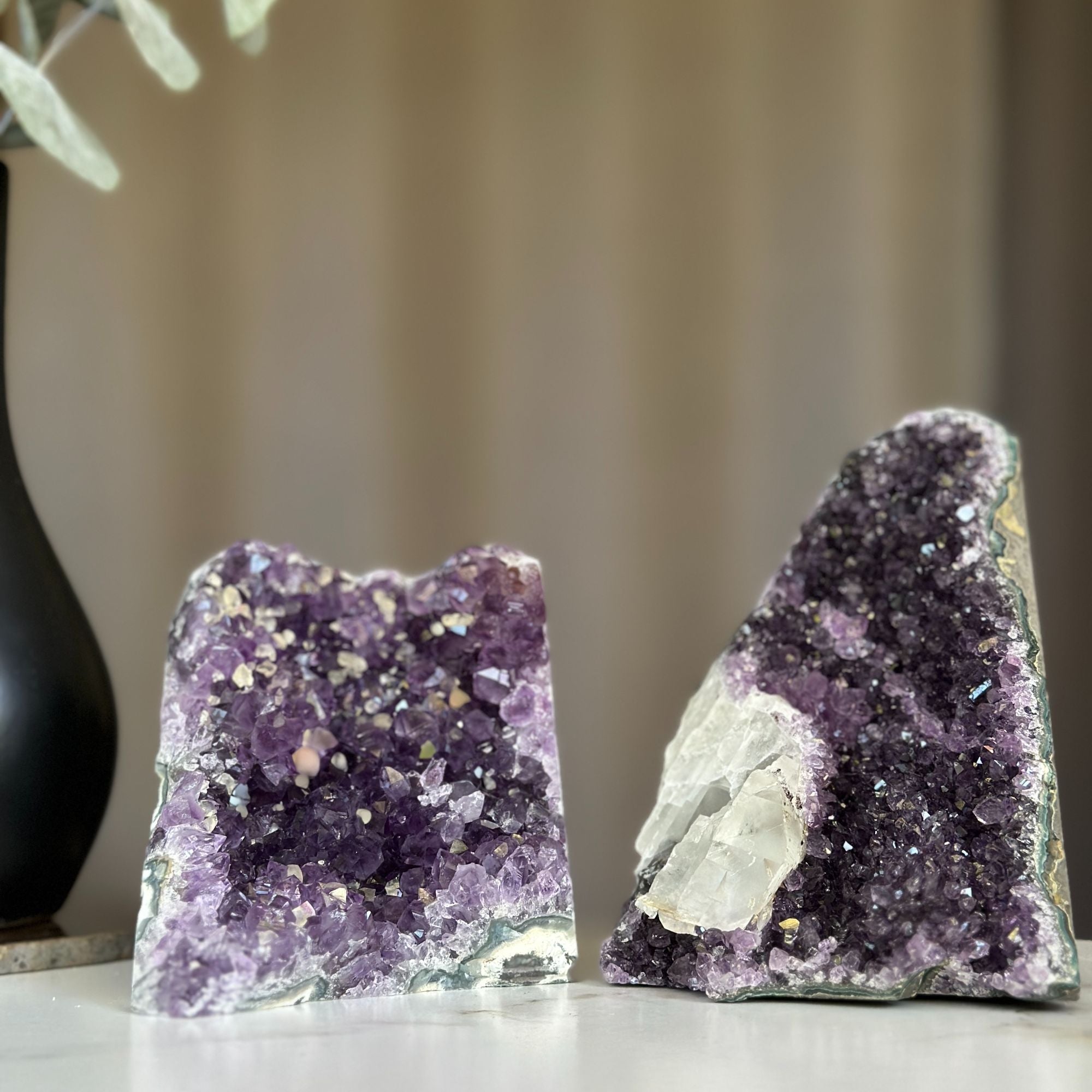 Colorful crystal amethyst set with 2 pieces, deep purple and calcite formations | Amethyst Geodes | Wiccan Center