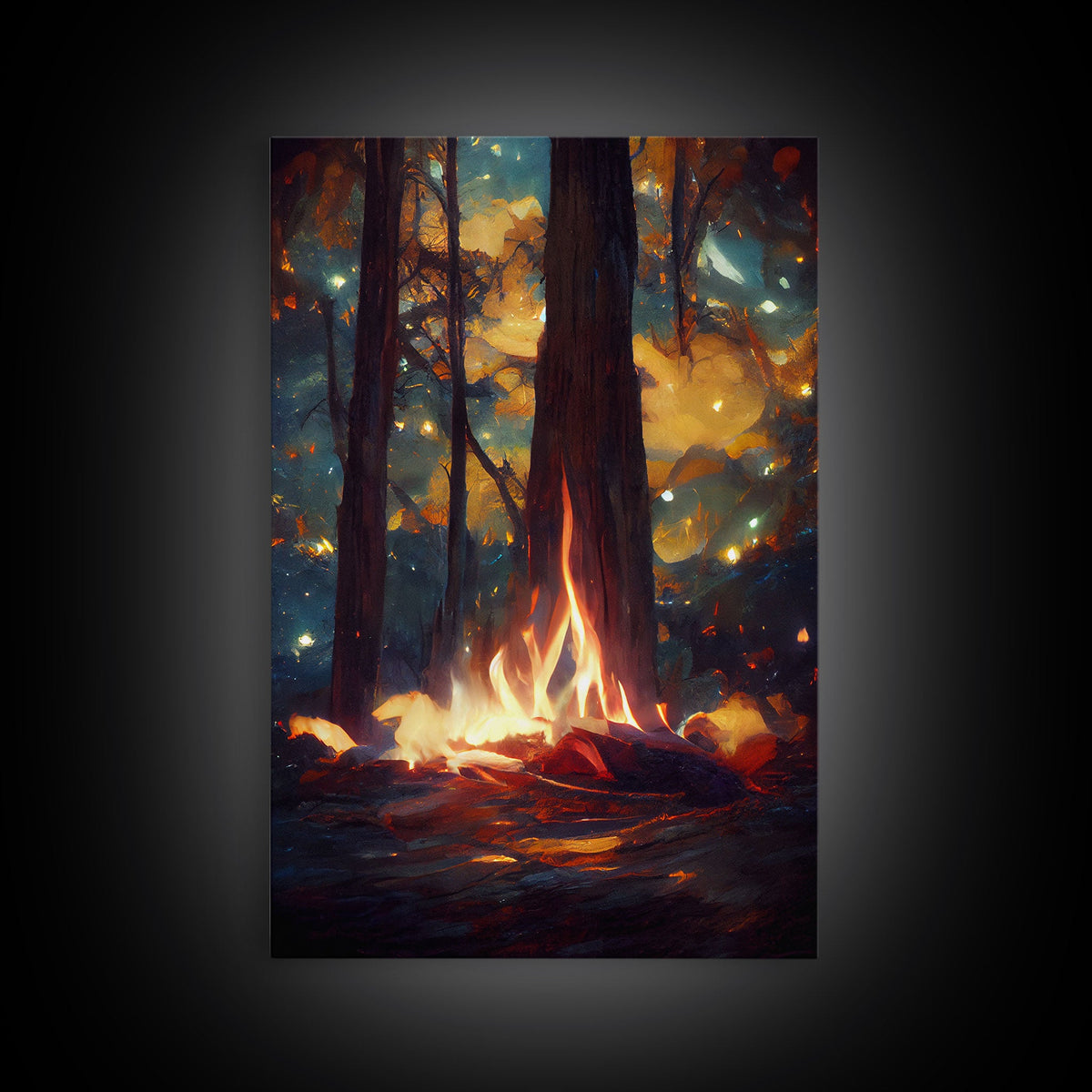 Night Stars Camp Fire In Woods Big Tree Wall Art, Fine Art Print, Wall Poster | | Wiccan Center