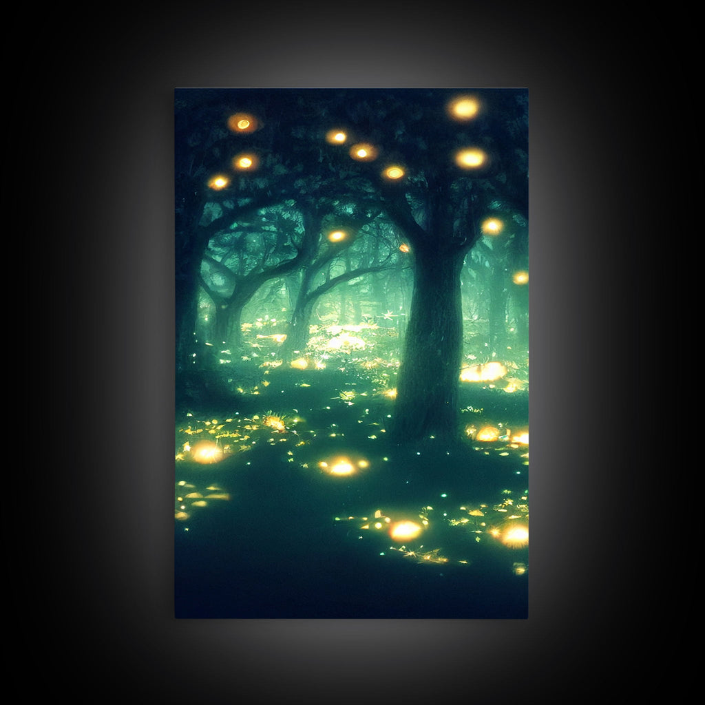 Fantasy forest wall decor, ready to hang 3 piece canvas print, 3 piece wall art, firefly wall art, Fireflies In A Fairy Forest at Night | | Wiccan Center