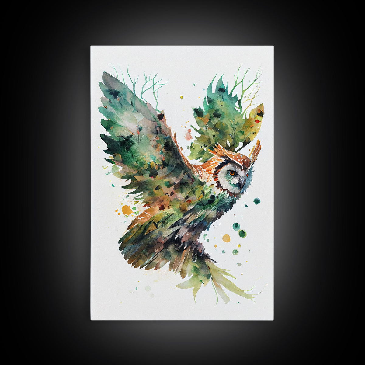 Owl made of leaves, watercolor of an owl flying, framed canvas print, farmhouse wall decor, Fall Decor, Fall Wall Art