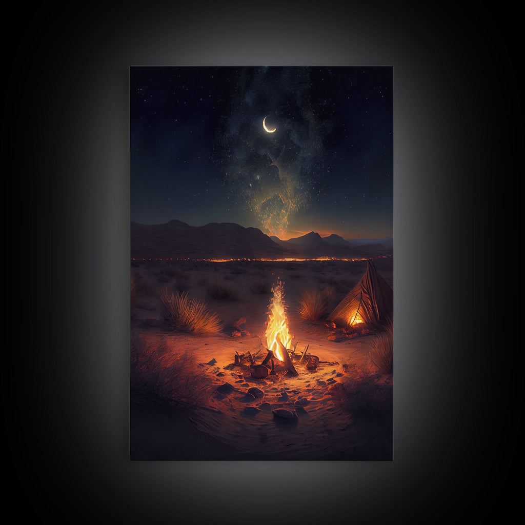 Primitive Art, Campfire under the stars, camping art, framed canvas print | | Wiccan Center