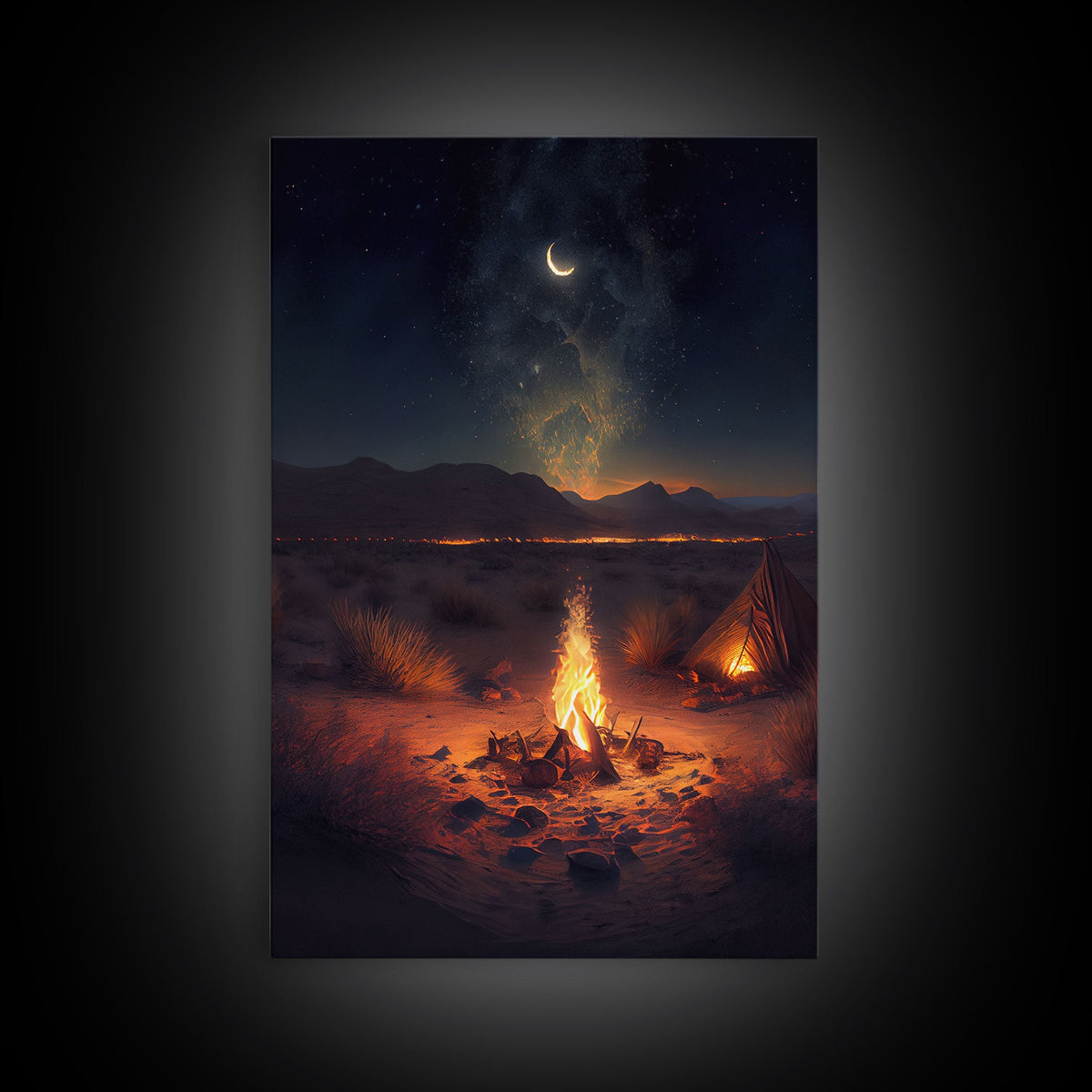 Primitive Art, Campfire under the stars, camping art, framed canvas print | | Wiccan Center