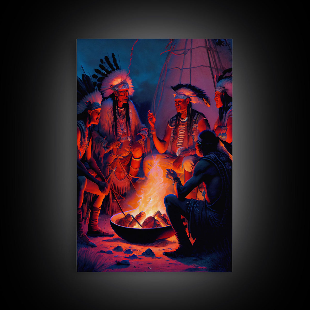 Wild West Decor, framed canvas print, Watercolor of Native Americans enjoying a campfire | | Wiccan Center