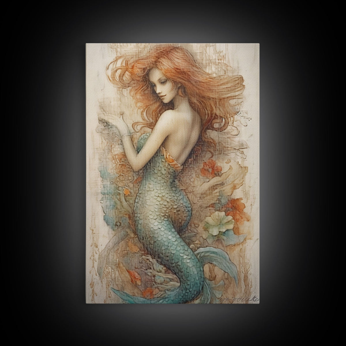 Fancy Mermaid Wall Art, 24" x 36" Canvas Print, French Style Poster Wall Art, Vintage Wall Hanging, Coastal Bathroom Decor | | Wiccan Center