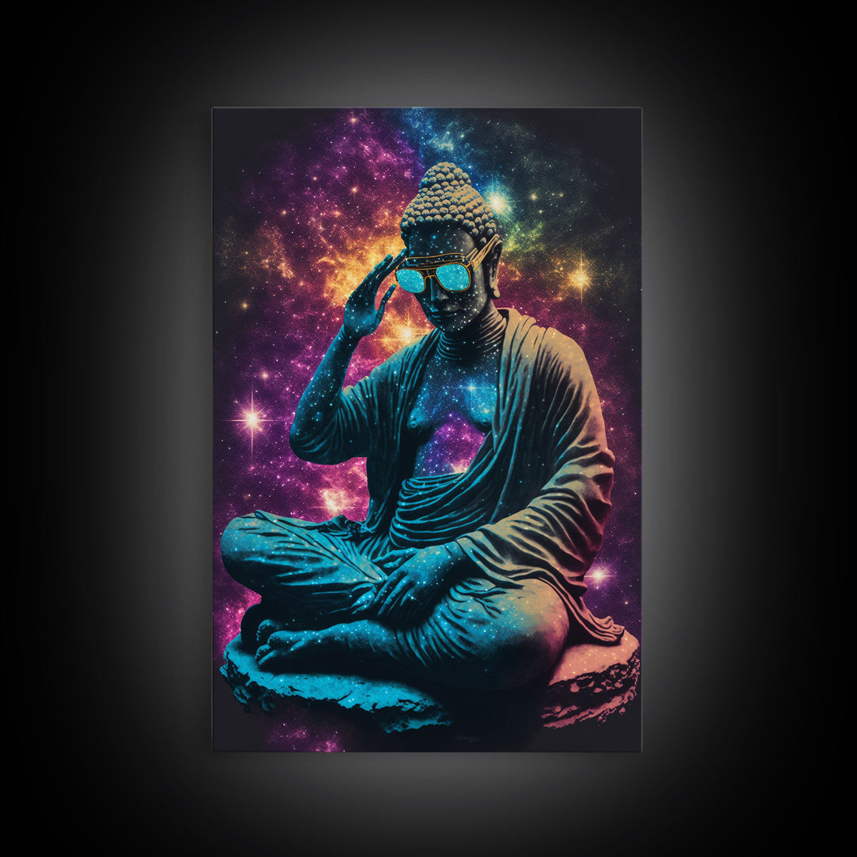 Psychedelic Buddha Wearing Aviators / Sunglasses, Meditation Art, Framed Canvas Print | | Wiccan Center