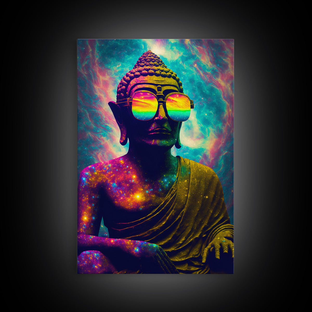 Open Your Mind, Psychedelic Buddha Wearing Aviators / Sunglasses, Meditation Art, Framed Canvas Print, Color Pop Art | | Wiccan Center