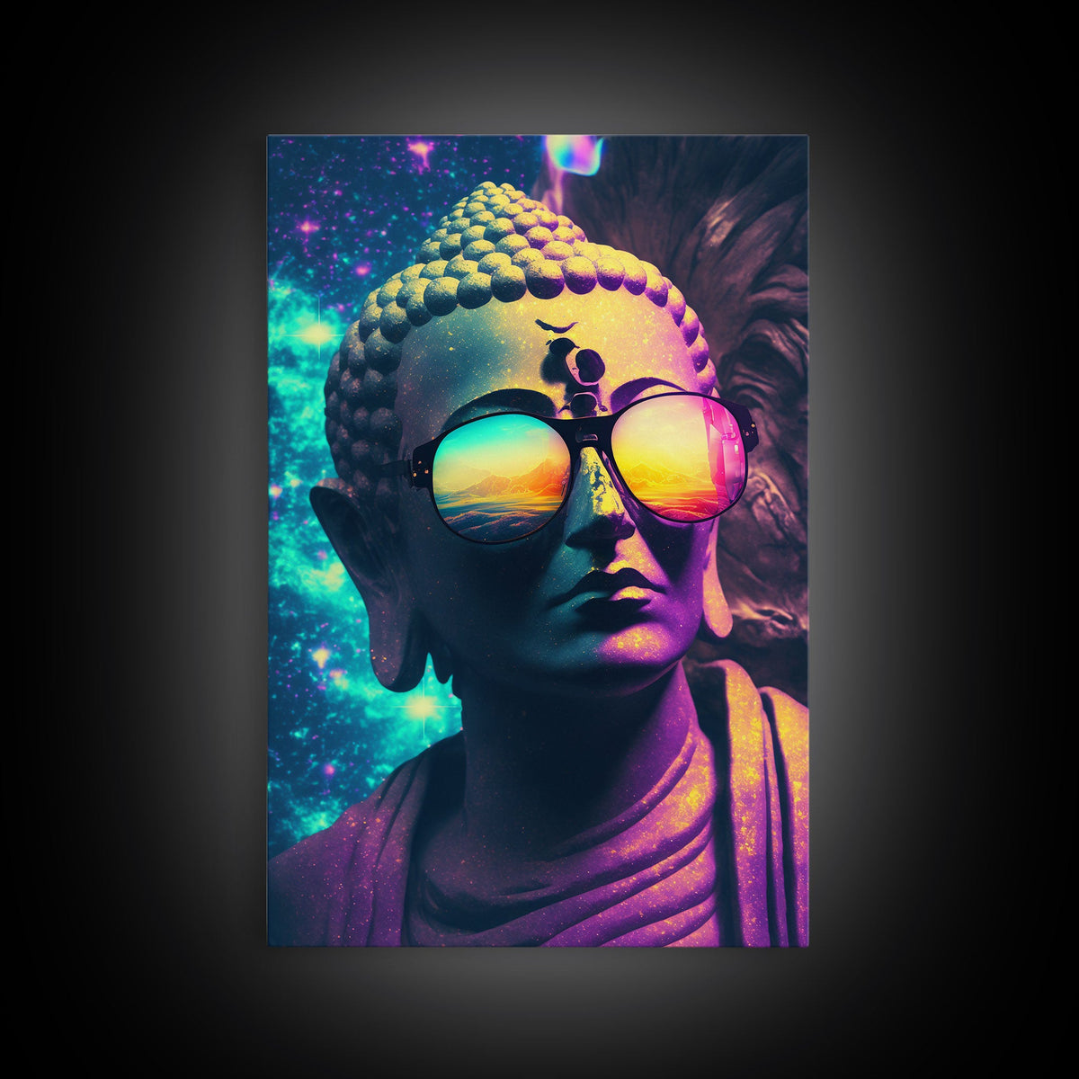 Open Your Mind, Psychedelic Buddha Statue Wearing Aviators / Sunglasses, Meditation Art, Framed Canvas Print, Color Pop Art | | Wiccan Center