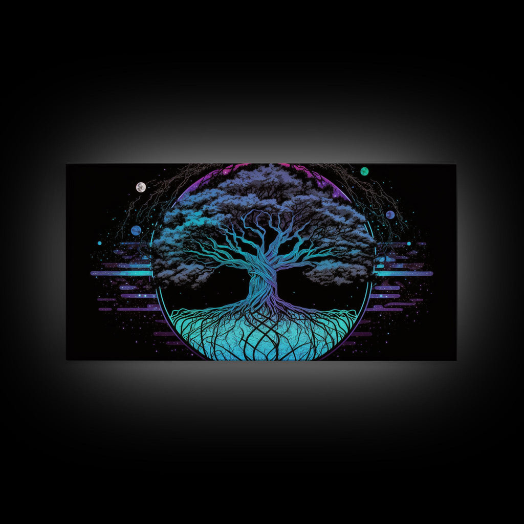 Norse Mythology Art, Synthwave Style Yggdrasil Tree of Life and the 9 Realms, Fantasy Art, Framed Canvas Print, Game Room Nordic Art | | Wiccan Center
