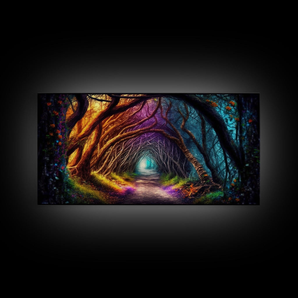Secret Path, Fantasy Art, Pop Art Forest Landscape, Framed Canvas Print, Colorful Forest Painting, Living Room Art, Glowing Magical Forest | | Wiccan Center