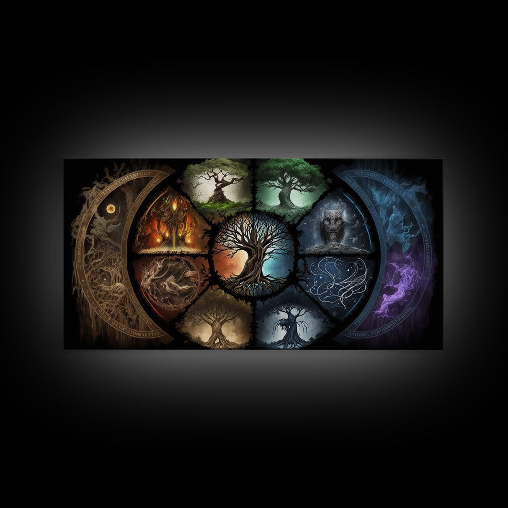 The Interconnected 9 Realms of Norse Mythology with Yggdrasil, Nordic Art, Framed Canvas Print, Nine Realms, Viking Art | | Wiccan Center