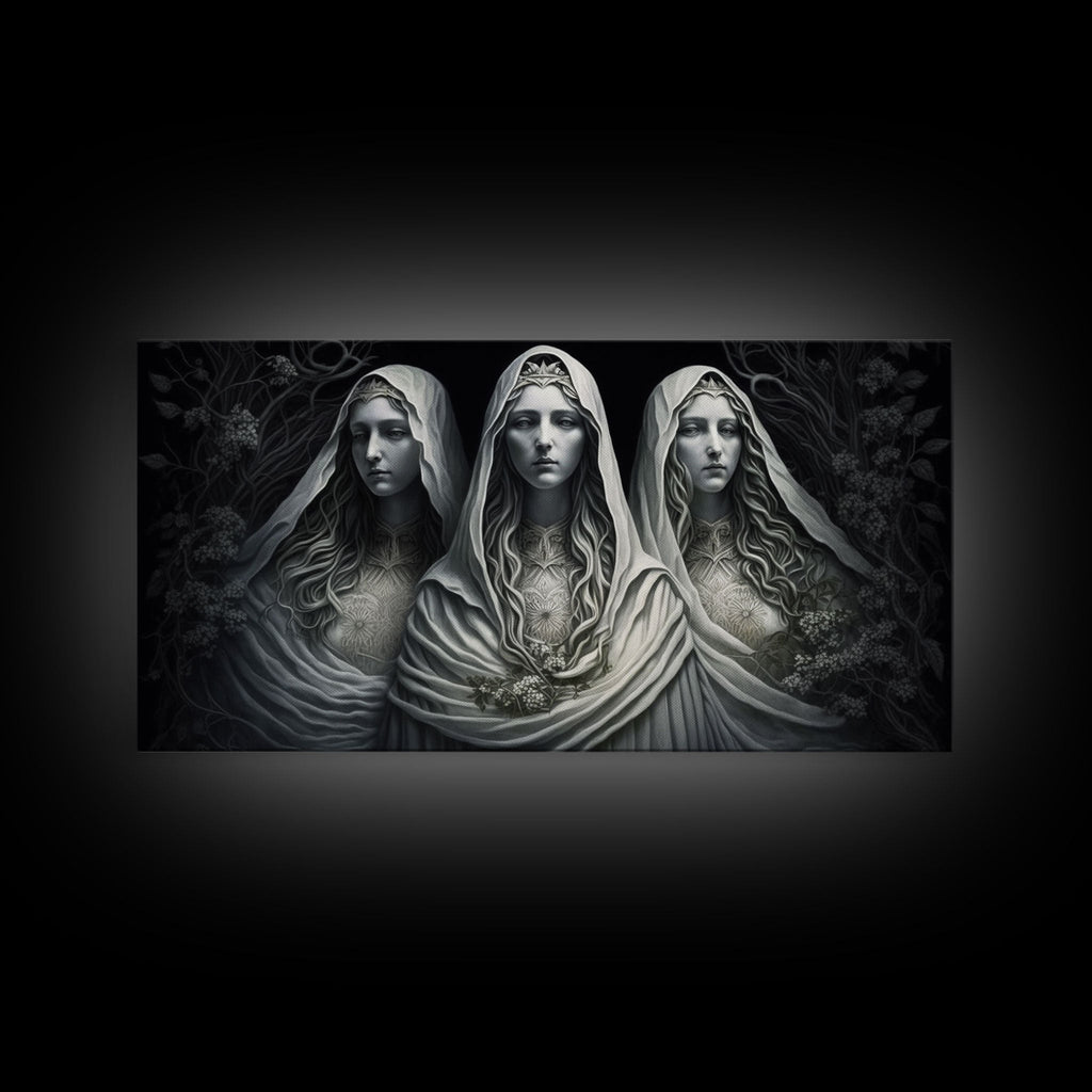 The Norns, Norse Mythology, Weavers of Fate, Framed Canvas Print, Urðr, Verðandi, and Skuld, Black and White Norse Fantasy Art | | Wiccan Center
