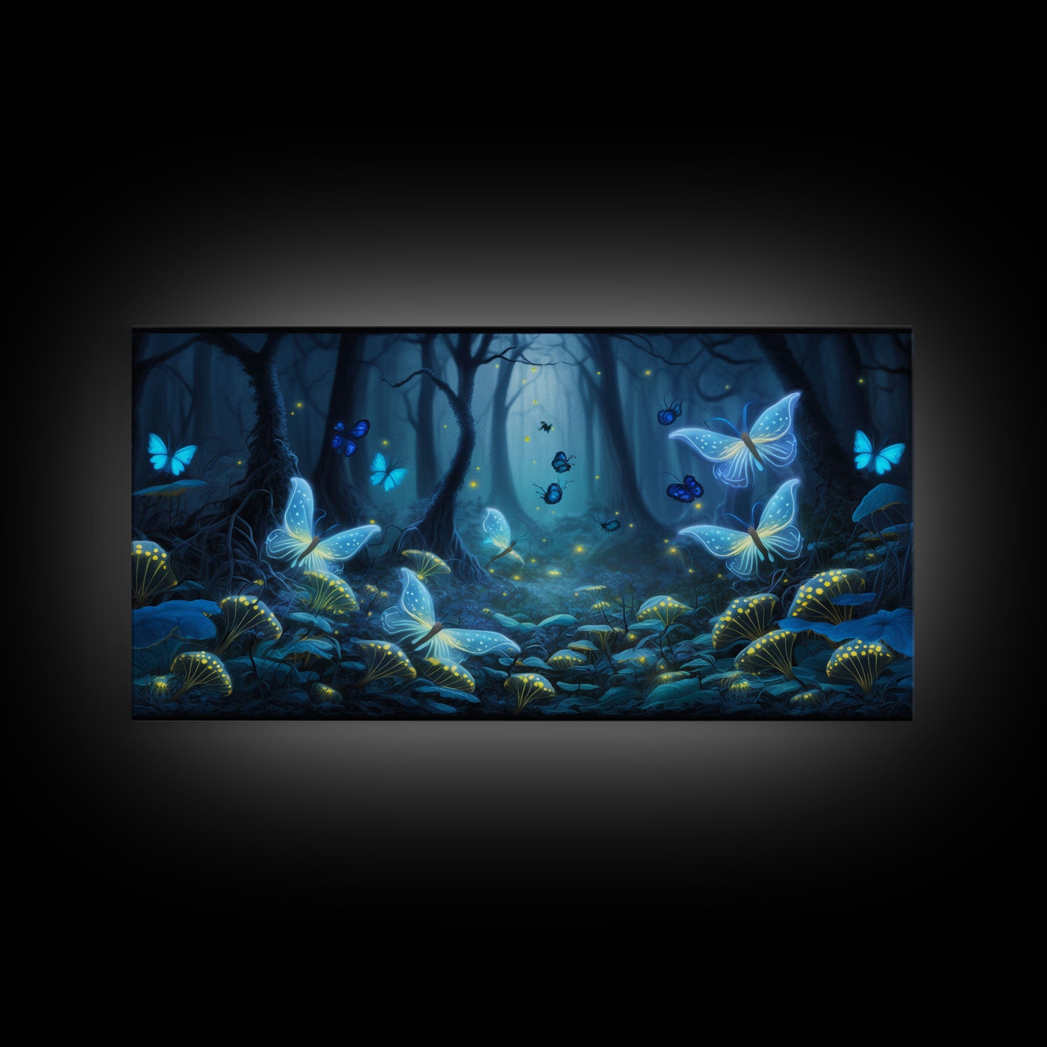 Magical Enchanted Fairy Forest, Fantasy Art, Framed Canvas Print, Bioluminescent Butterflies in an Enchanted Forest, Glowing Art | | Wiccan Center