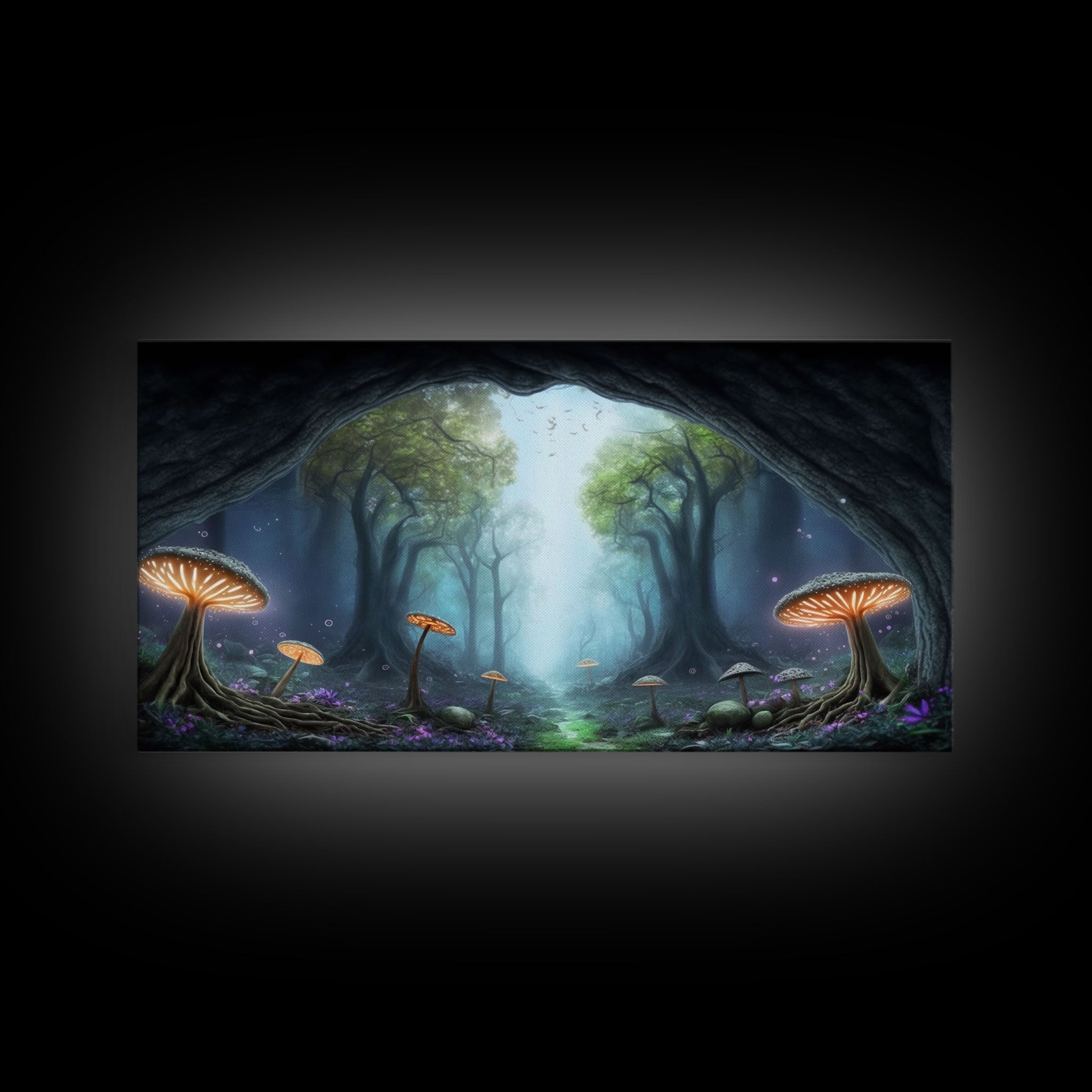 Magical Enchanted Mushroom Forest, Fantasy Art, Framed Canvas Print, Bioluminescent Butterflies in an Enchanted Forest, Glowing Art | | Wiccan Center