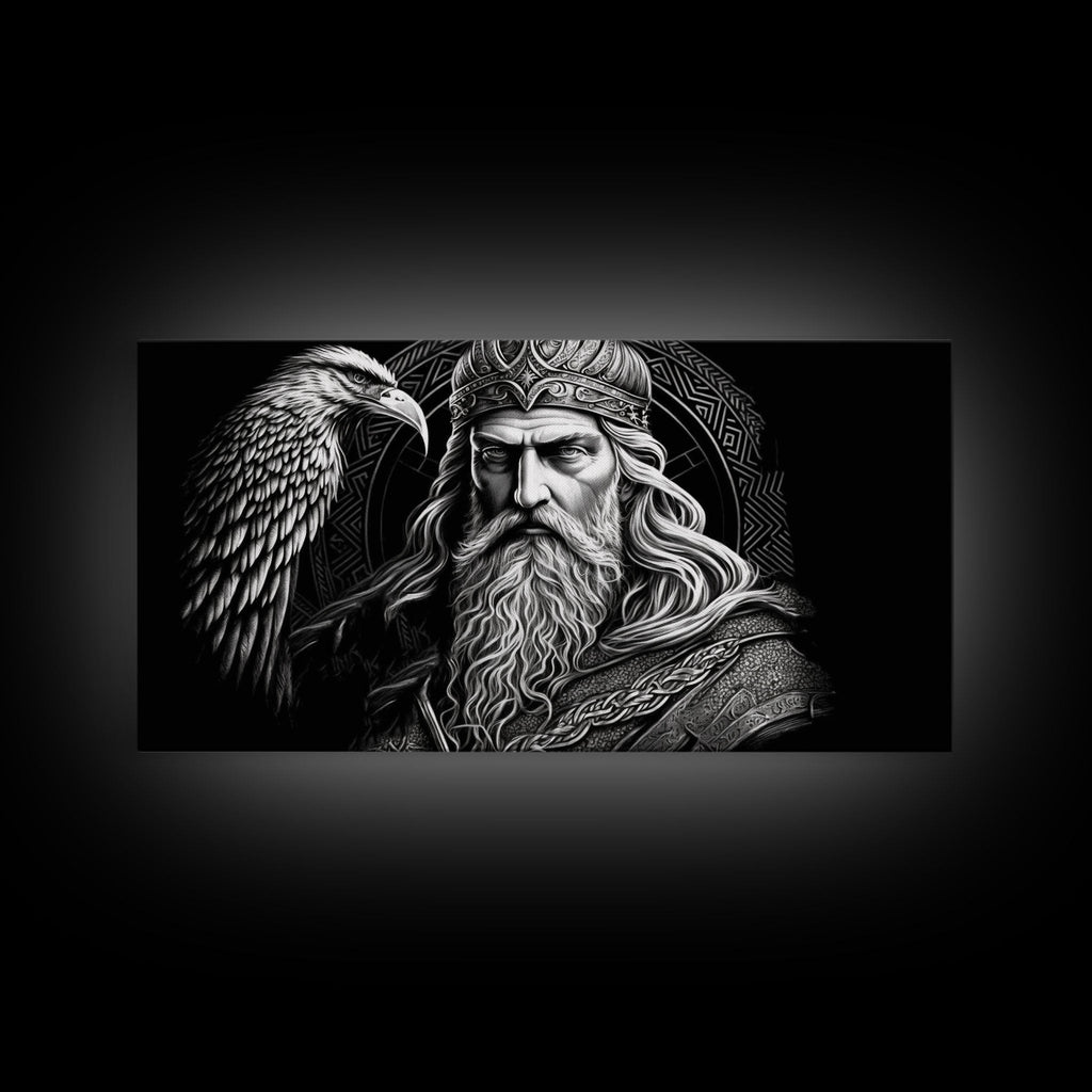 Black and White Portrait of Odin and Muninn, King of The Gods, Framed Canvas Print, Odin's Ravens, Norse Mythology Art | | Wiccan Center