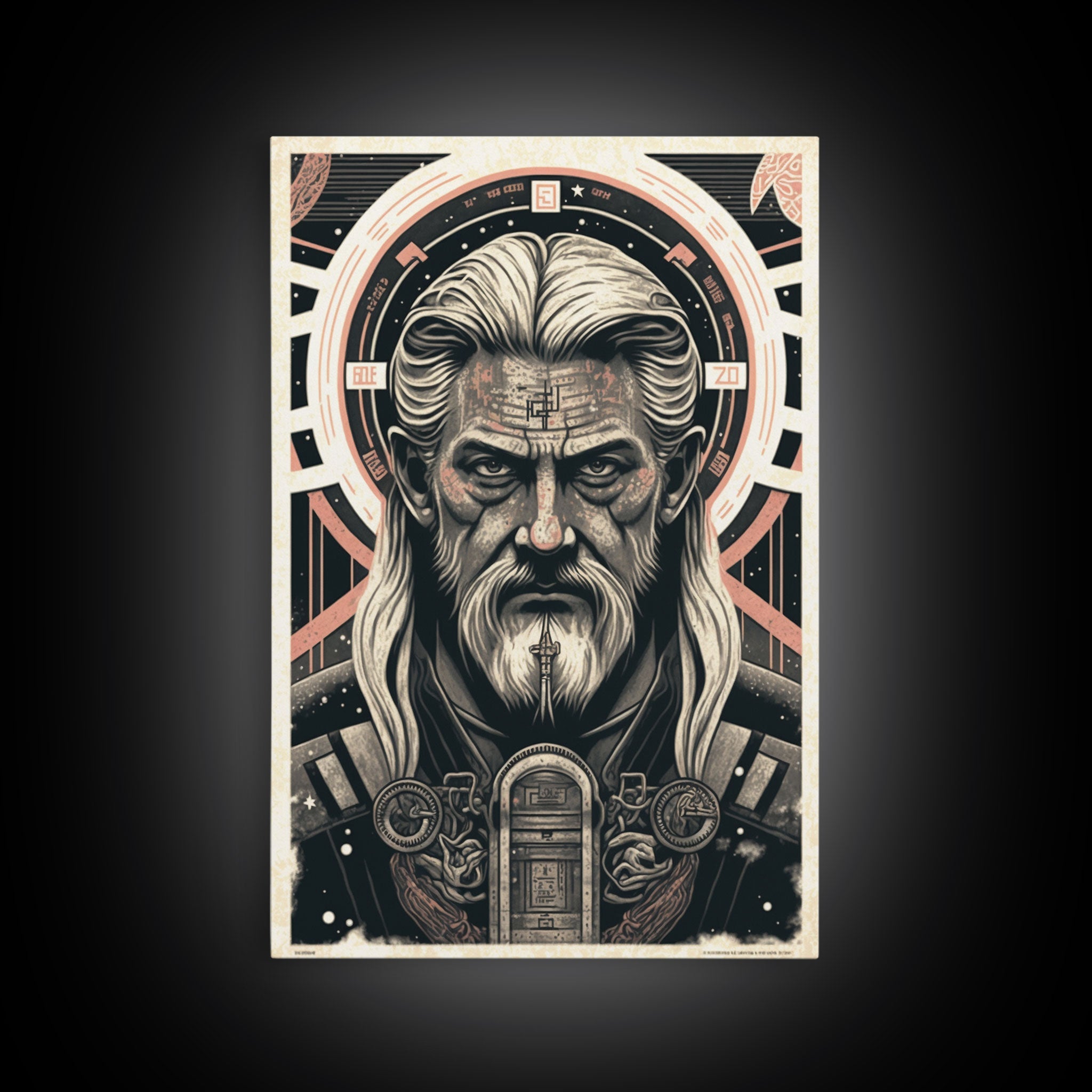Grunge / Cyberpunk Odin, Norse Mythology, Wall Art, Framed Canvas Print, Futuristic Portrait of Odin