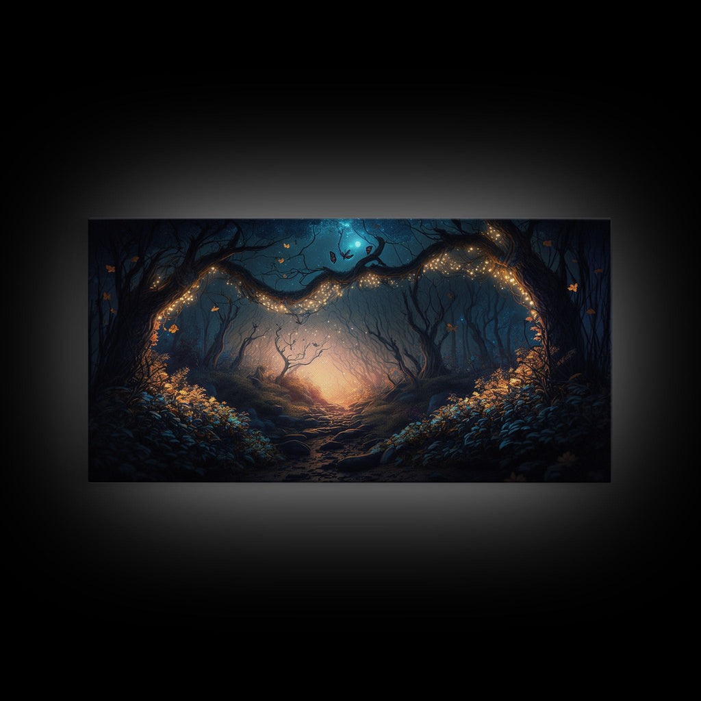 Wreath of Fireflies, Beautiful Fantasy Art, Framed Canvas Print, Moonlit Forest Floor Fantasy Concept Art | | Wiccan Center
