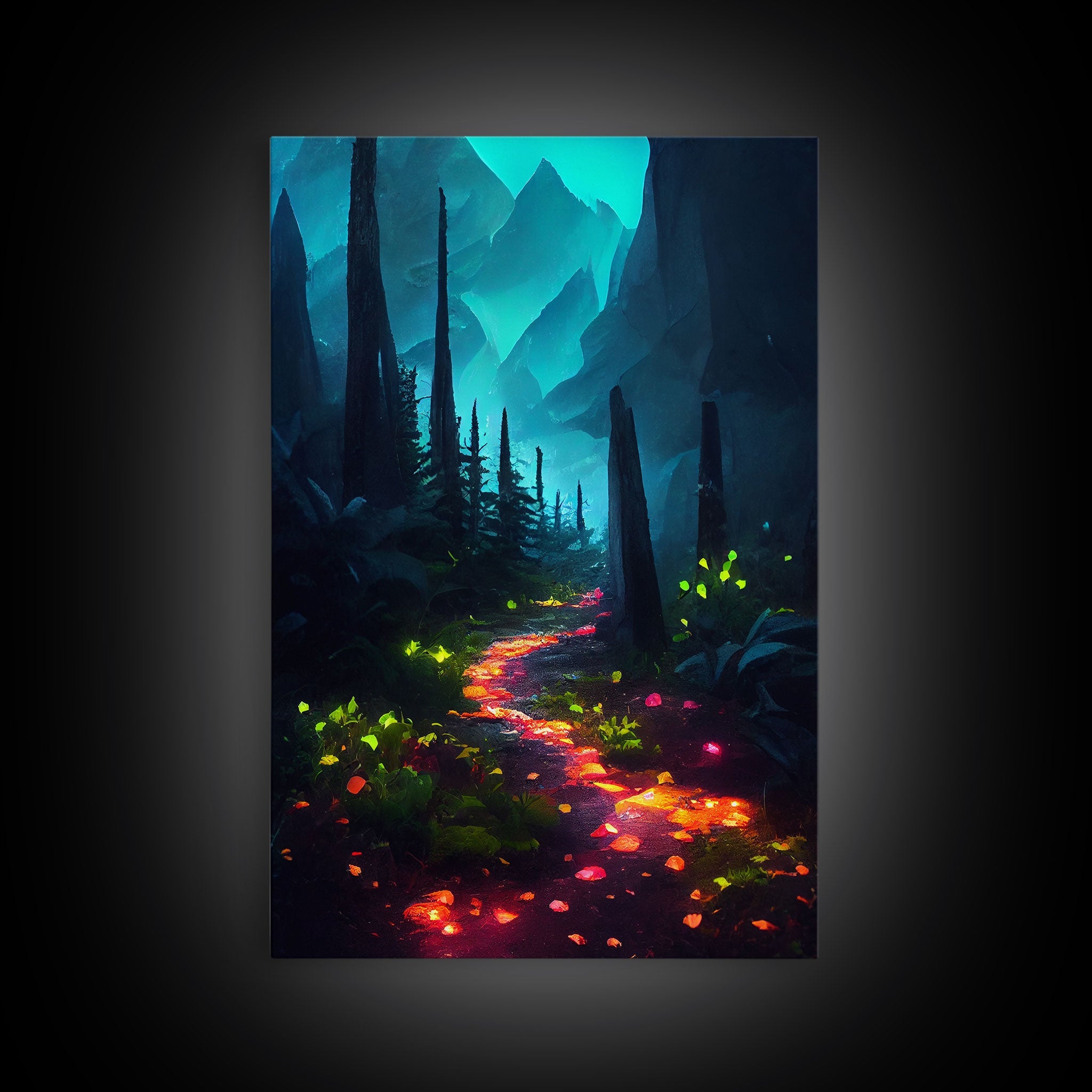 Luminescent magical forest canvas print, glowing trail though the trees, fantasy art | | Wiccan Center