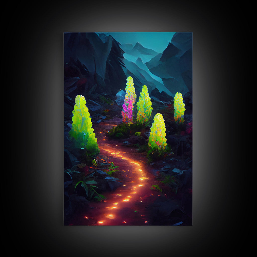 Magical forest canvas print, glowing mushroom art, fantasy forest wall art, gloomy dark home decor, luminescent forest trail wall art | | Wiccan Center