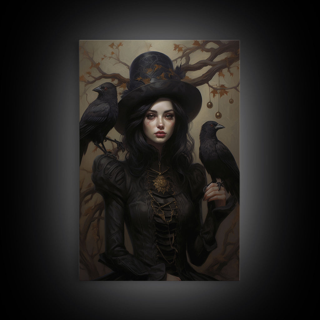 The Witch and Her Ravens, Framed Canvas, Oil Painting Print, Halloween Decor, Gothic Art, Dark Academia, Witchcraft Halloween Art | | Wiccan Center