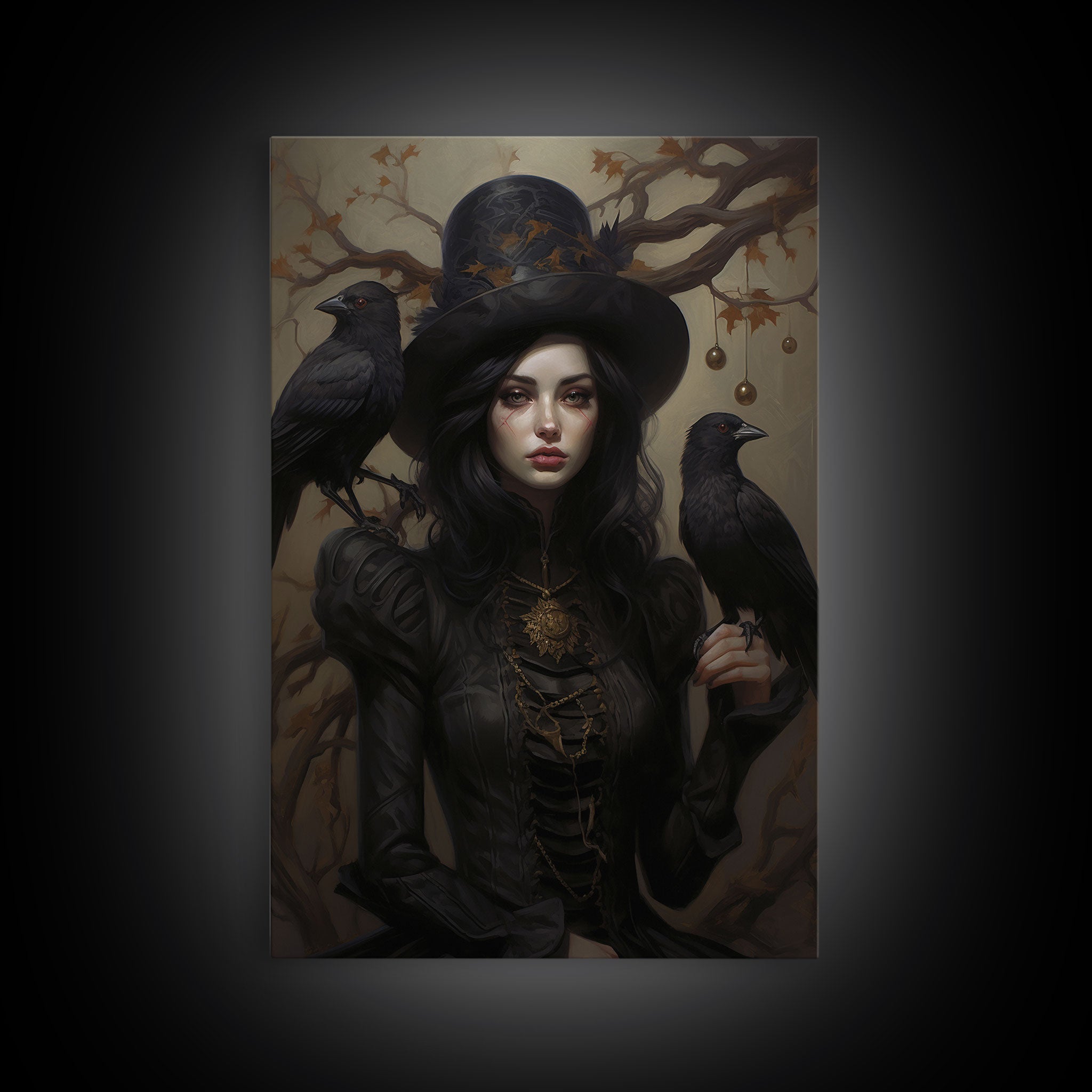 The Witch and Her Ravens, Framed Canvas, Oil Painting Print, Halloween Decor, Gothic Art, Dark Academia, Witchcraft Halloween Art | | Wiccan Center
